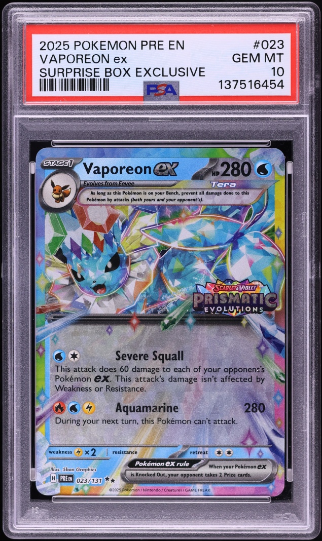 2025 Pokemon Scarlet & Violet Prismatic Evolutions Surprise Box Holo Vaporeon ex #23 PSA 10 GEM