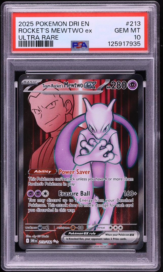 2025 Pokemon Scarlet & Violet Destined Rivals Full Art Team Rocket's Mewtwo Ex #213 PSA 10 GEM
