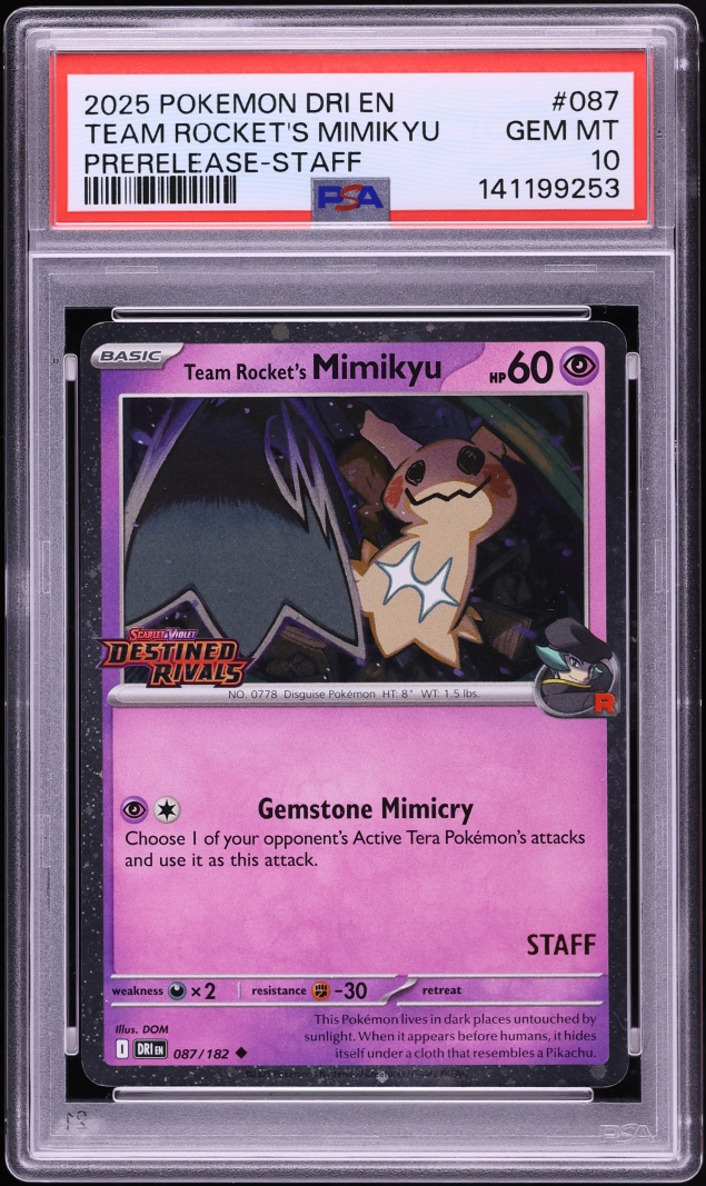 2025 Pokemon SV Destined Rivals Prerelease Staff Team Rocket's Mimikyu #87 PSA 10 GEM MINT