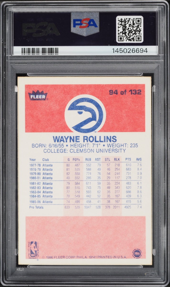 1986 Fleer Basketball Wayne Rollins #94 PSA 8.5 NM-MT+