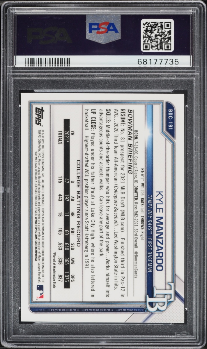 2021 Bowman Chrome Draft Blue Refractor Kyle Manzardo PROSPECT /150 #BDC-191 PSA 10 GEM MINT