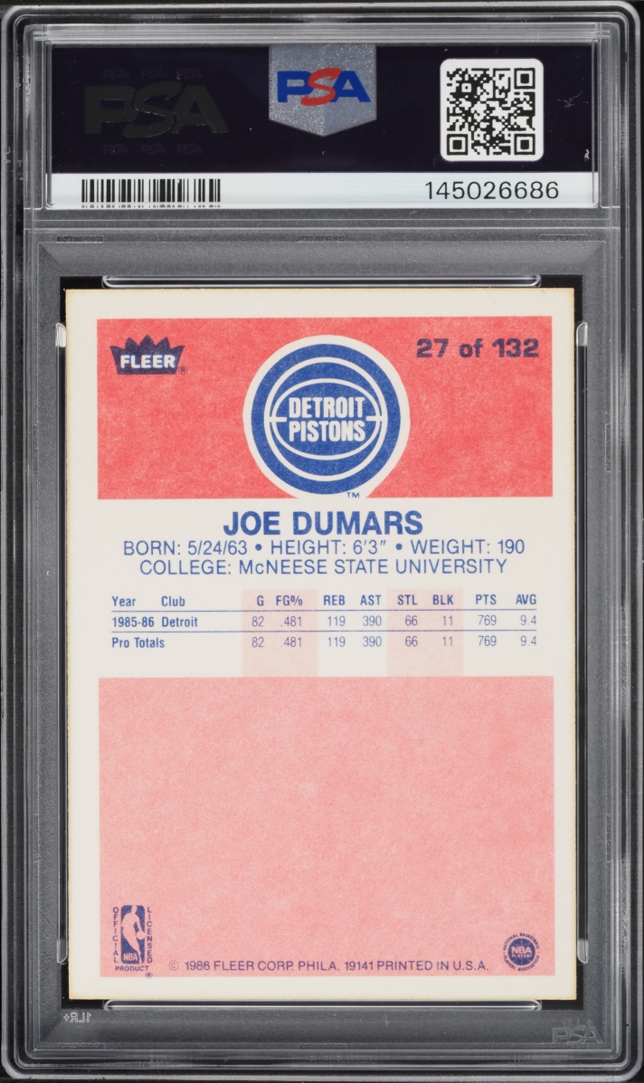 1986 Fleer Basketball Joe Dumars ROOKIE #27 PSA 7 NRMT
