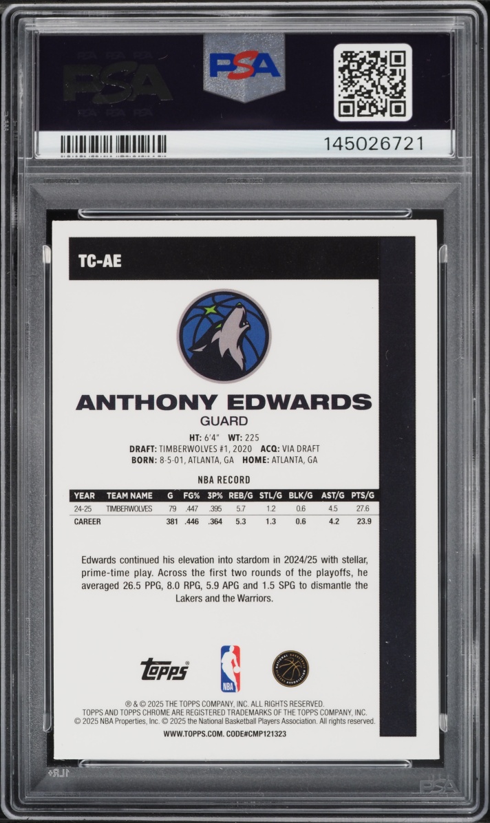 2025 Topps Chrome Silver Pack Anthony Edwards #TC-AE PSA 8 NM-MT