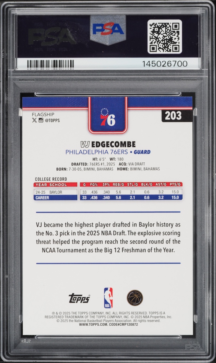 2025 Topps Basketball VJ Edgecombe ROOKIE #203 PSA 10 GEM MINT