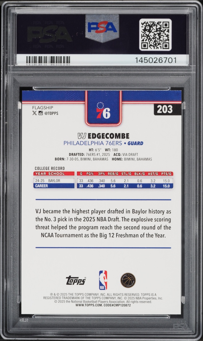 2025 Topps Basketball VJ Edgecombe ROOKIE #203 PSA 9 MINT