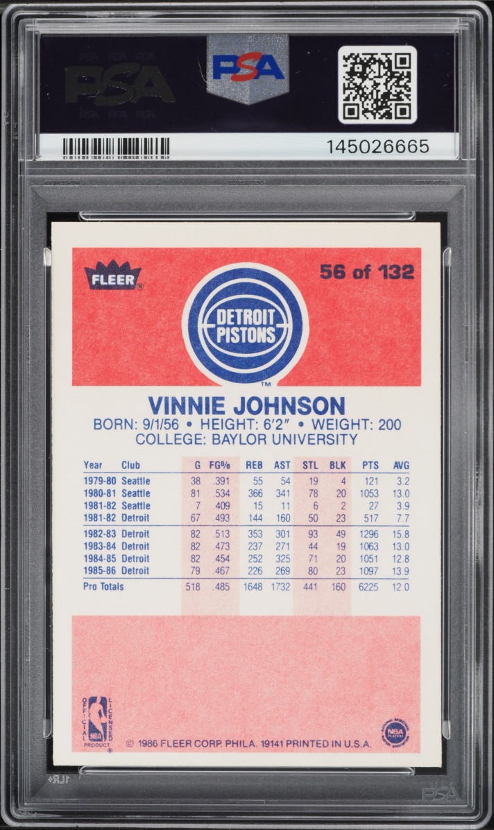 1986 Fleer Basketball Vinnie Johnson #56 PSA 6 EXMT