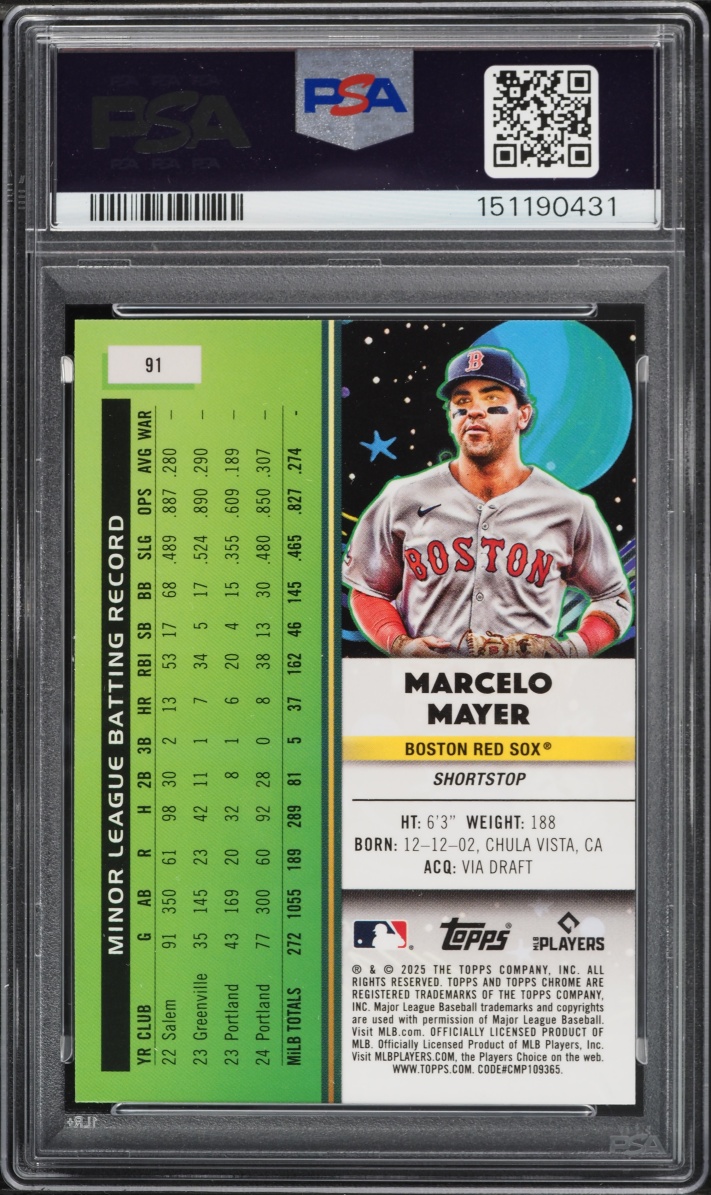 2025 Topps Chrome Cosmic Green Space Dust Marcelo Mayer ROOKIE /75 #91 PSA 10 GEM MINT