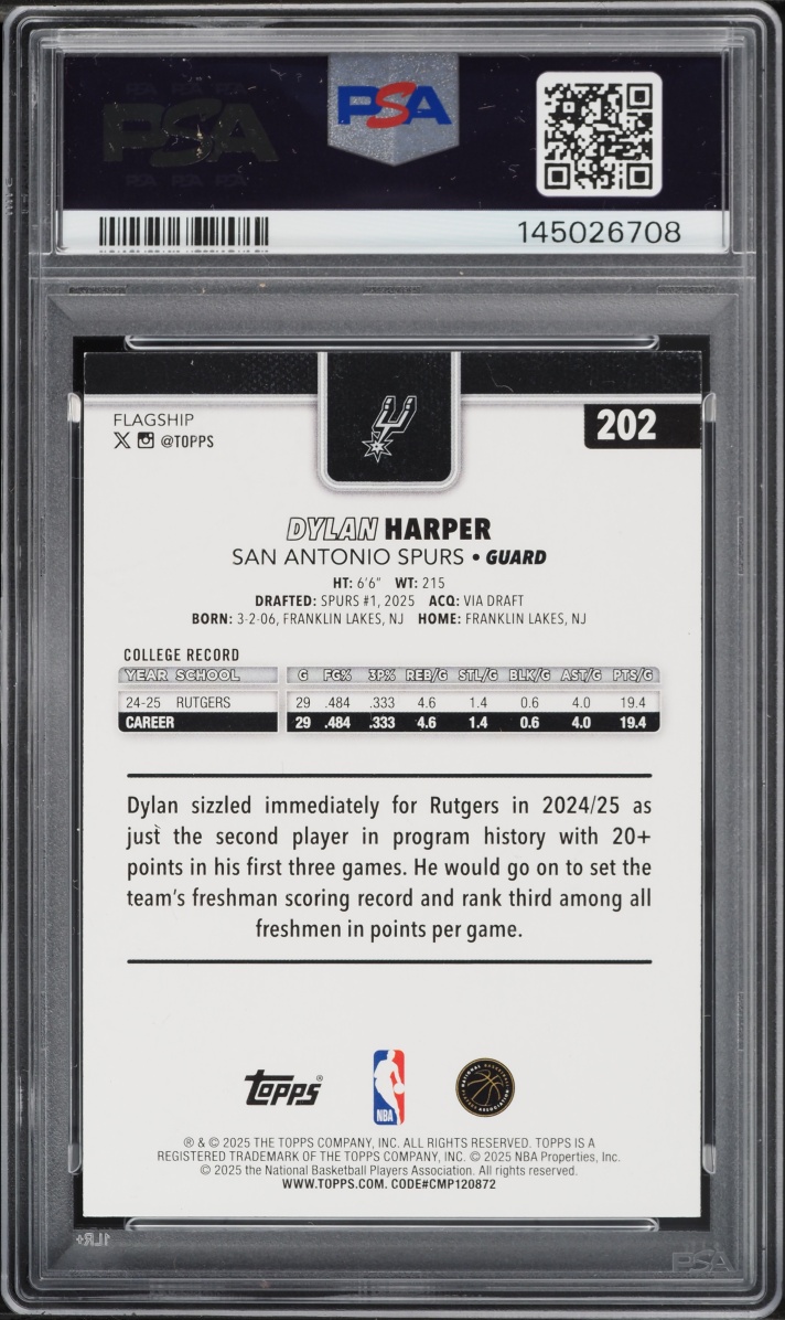 2025 Topps Basketball Dylan Harper ROOKIE #202 PSA 8 NM-MT