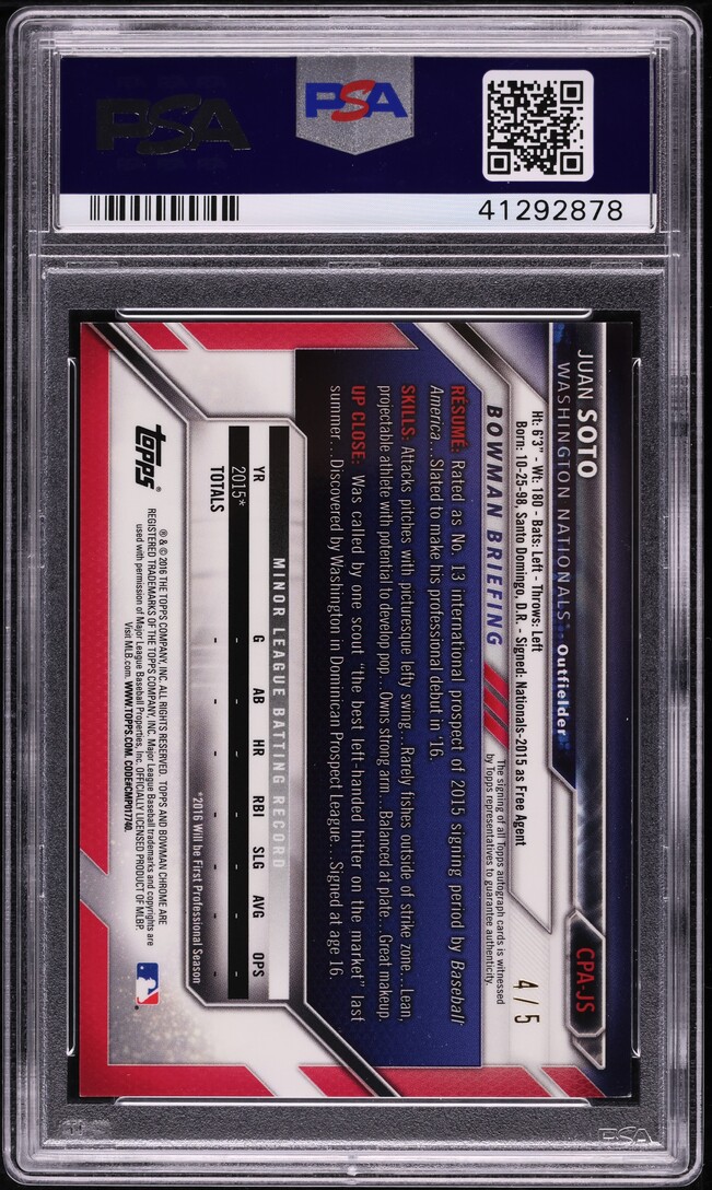 2016 Bowman Chrome Red Refractor Juan Soto PROSPECT AUTO DNA 10 /5 PSA AUTH