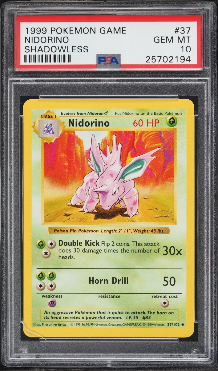 1999 Pokemon Base Set Shadowless Nidorino #37 PSA 10 GEM MINT