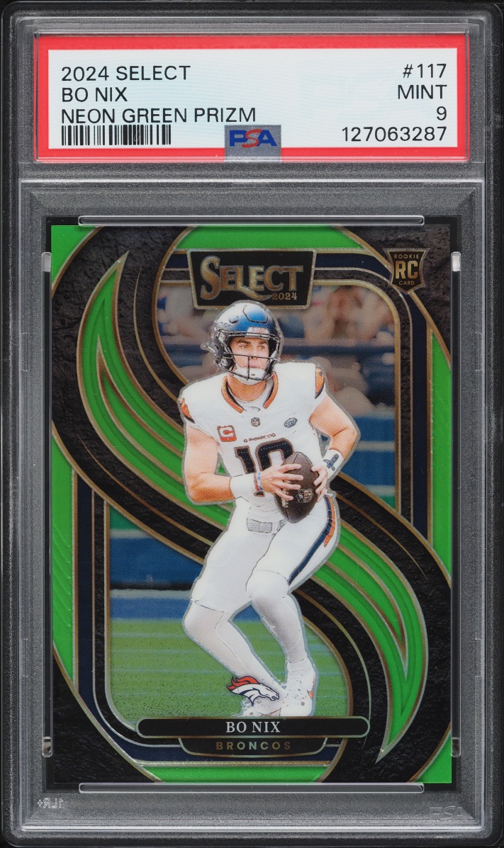 2024 Select Premier Level Neon Green Prizm Bo Nix ROOKIE /49 #117 PSA 9 MINT
