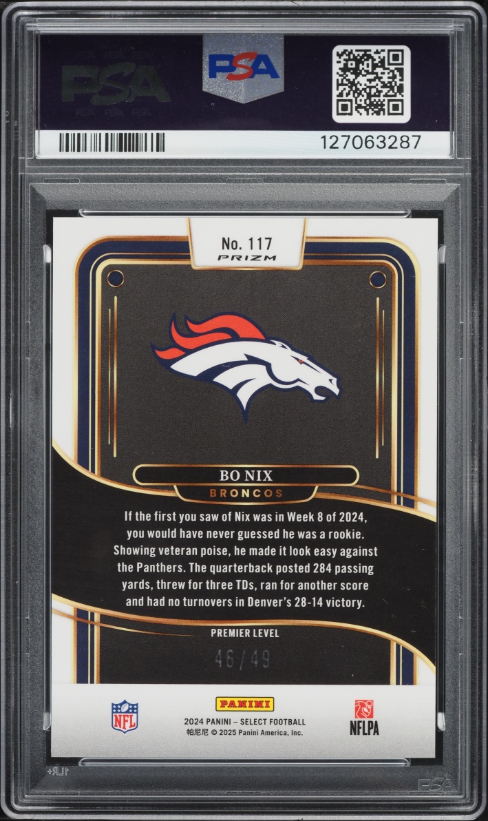 2024 Select Premier Level Neon Green Prizm Bo Nix ROOKIE /49 #117 PSA 9 MINT