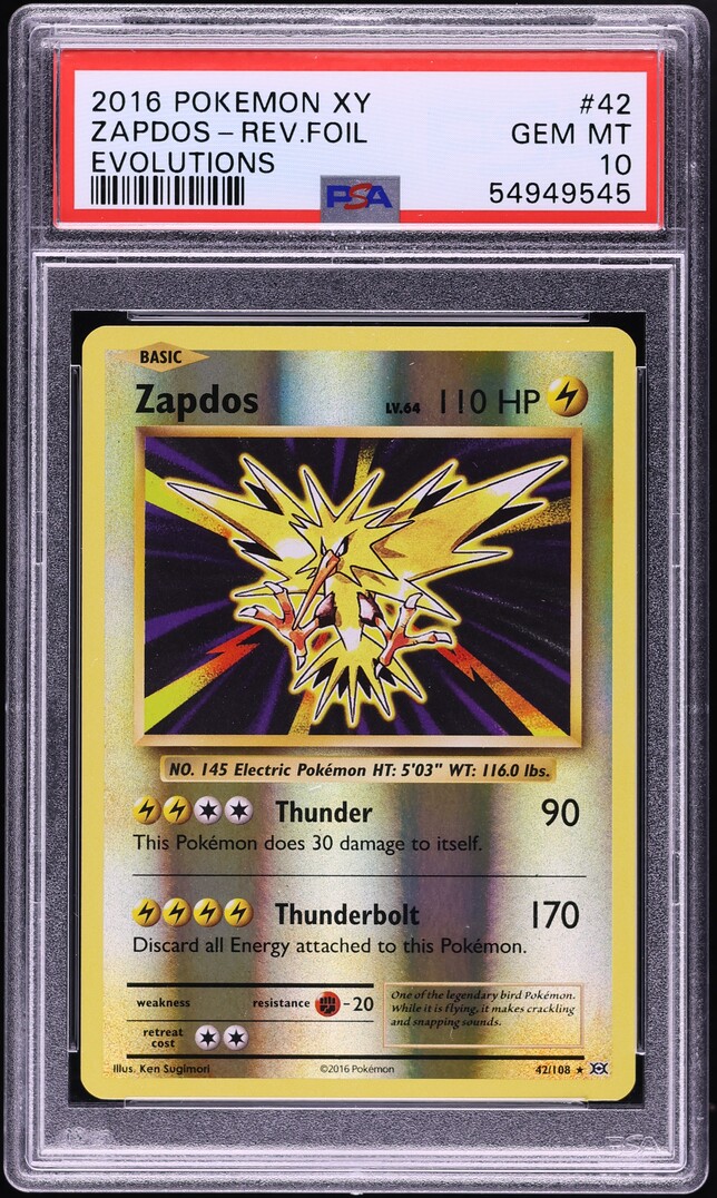 2016 Pokemon XY Evolutions Reverse Holo Zapdos #42 PSA 10 GEM MINT