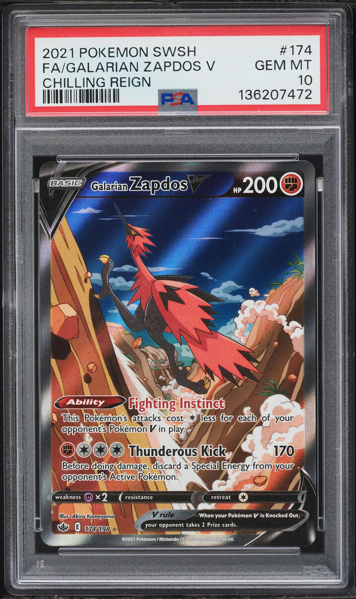 2021 Pokemon Sword & Shield Chilling Reign Full Art Galarian Zapdos V #174 PSA 10 GEM MINT