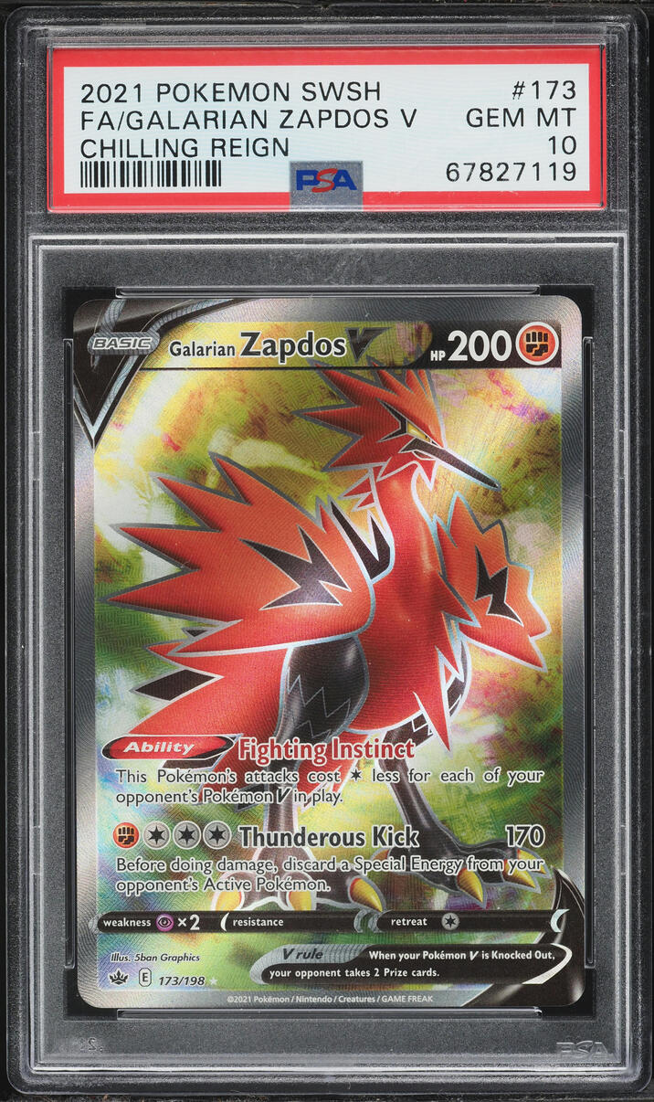 2021 Pokemon Sword & Shield Chilling Reign Full Art Galarian Zapdos V #173 PSA 10 GEM MINT
