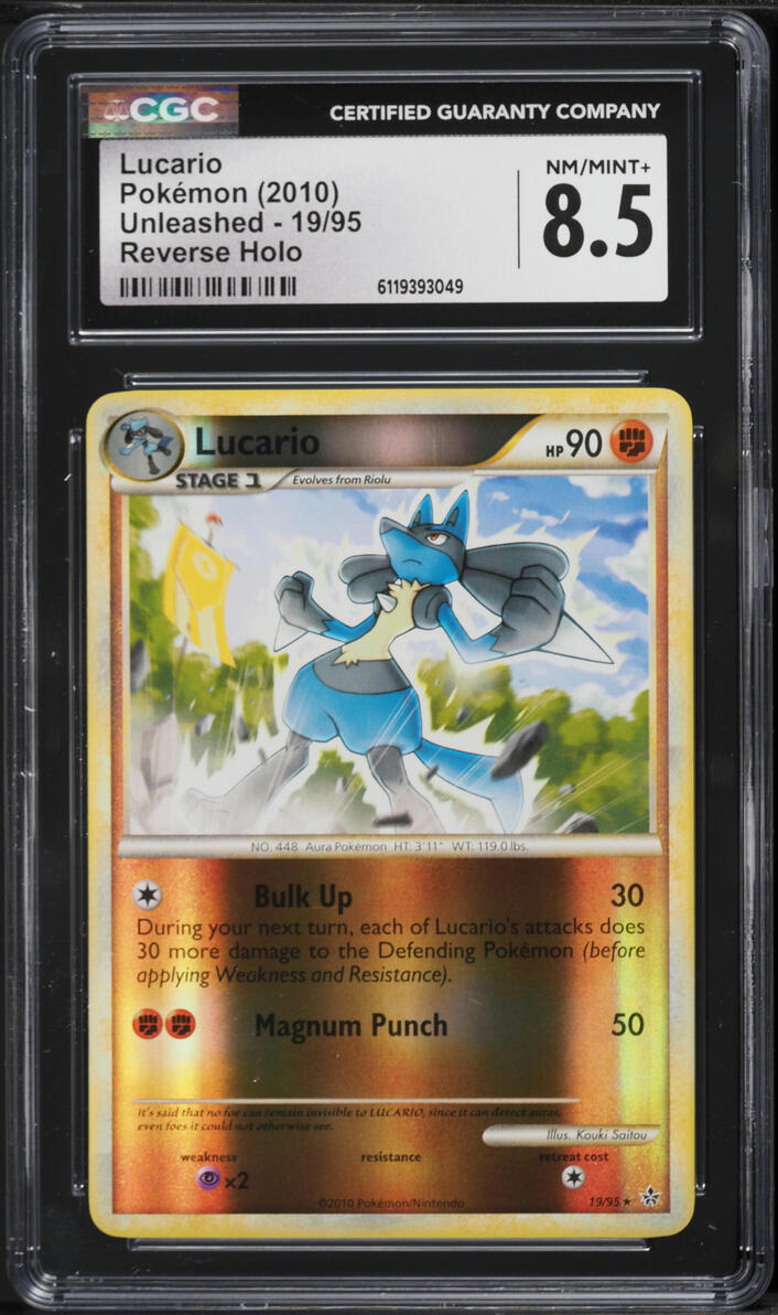 2010 Pokemon HeartGold & SoulSilver Unleashed Reverse Holo Lucario #19 CGC 8.5 NM-MT+
