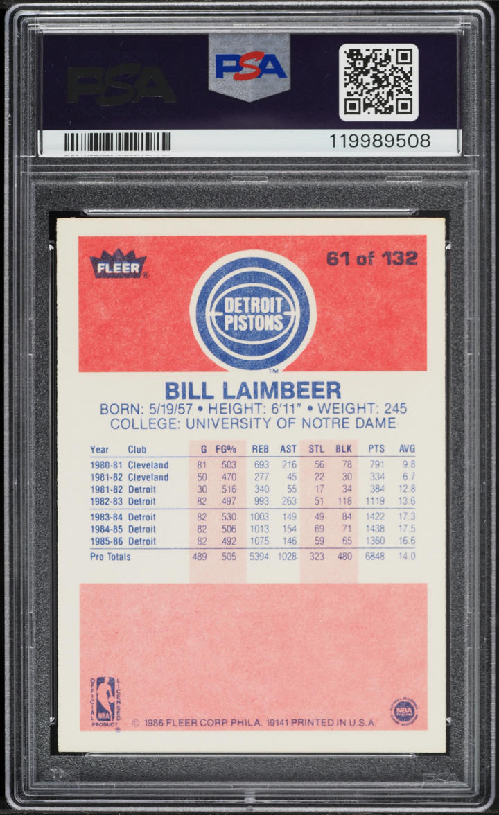 1986 Fleer Basketball Bill Laimbeer #61 PSA 8 NM-MT