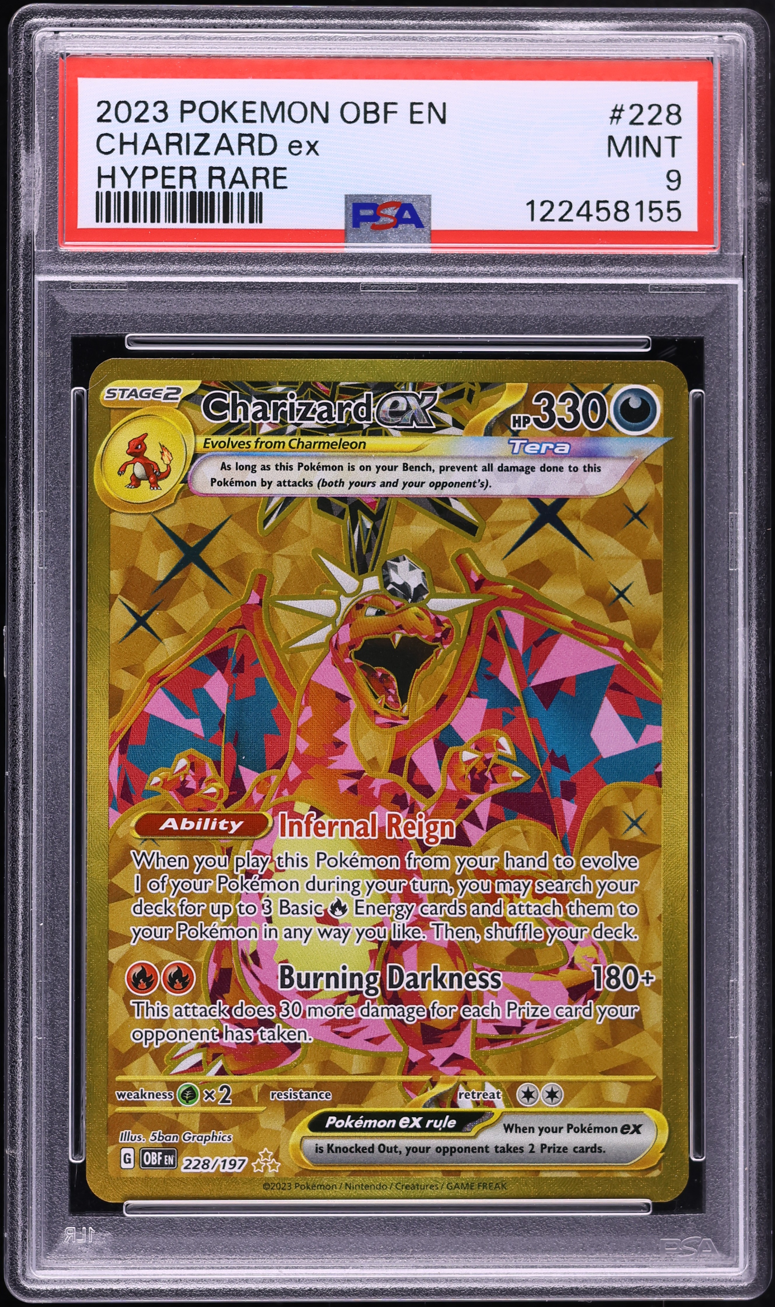 2023 Pokemon Scarlet & Violet Obsidian Flames Gold Rare Charizard EX #228 PSA 9 MINT