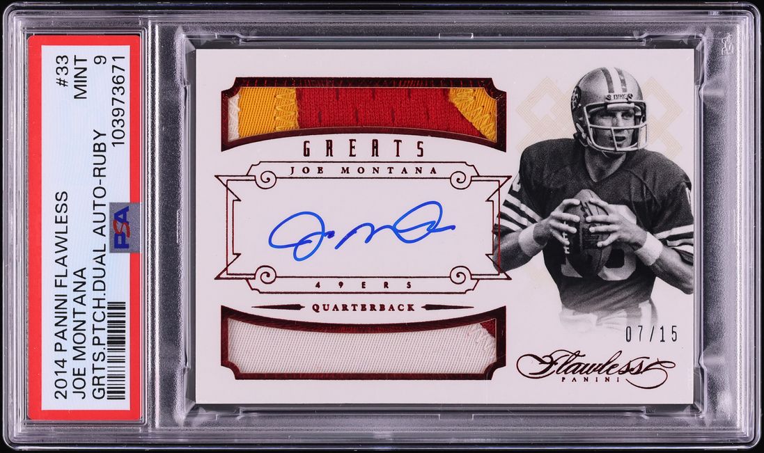 2014 Panini Flawless Greats Ruby Joe Montana GAME USED PATCH AUTO /15 #33 PSA 9 MINT