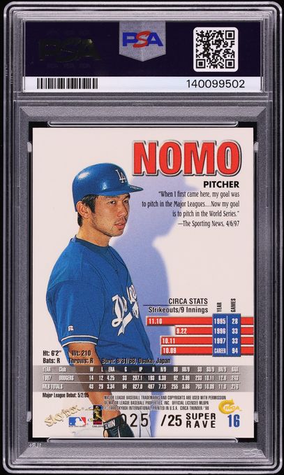 1998 Circa Thunder Super Rave Hideo Nomo 25/25 #16 PSA 8 NM-MT - Photo 2