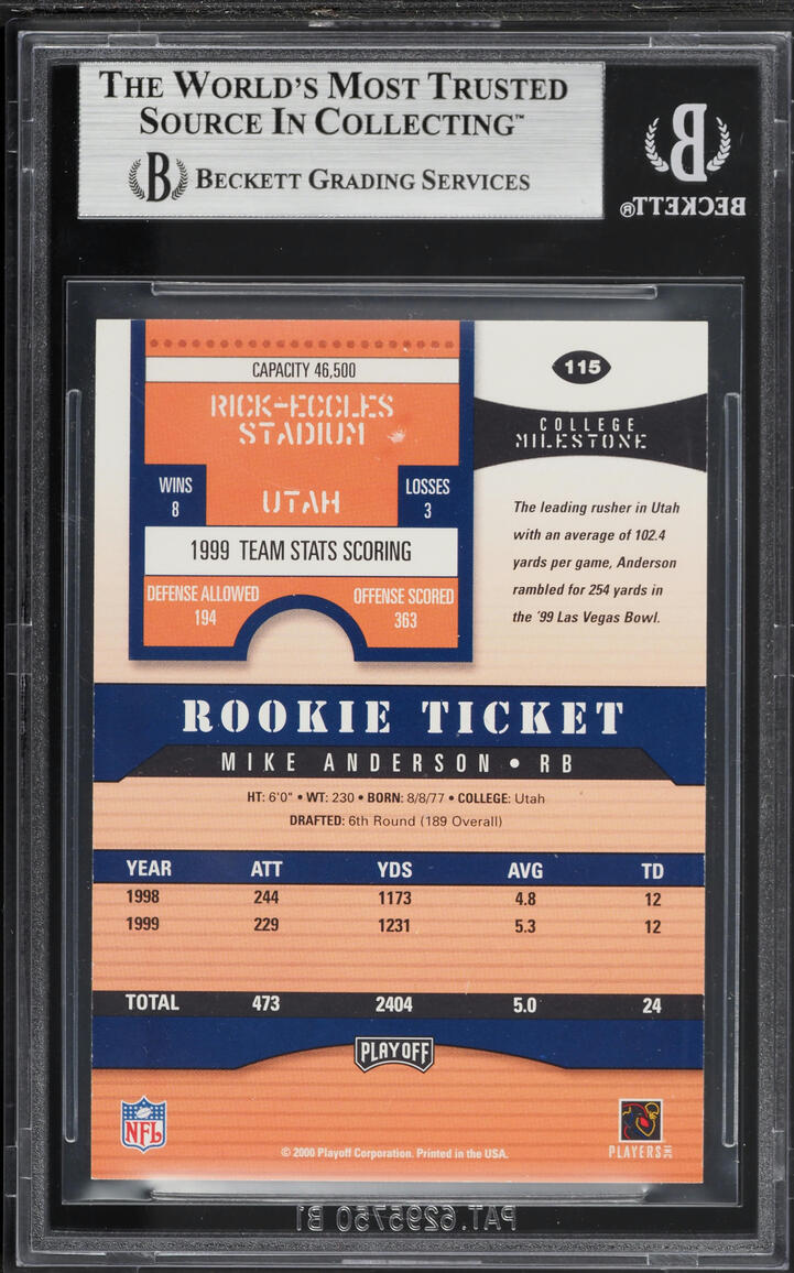 2000 Playoff Contenders Ticket Mike Anderson ROOKIE AUTO #115 BGS 9 MINT