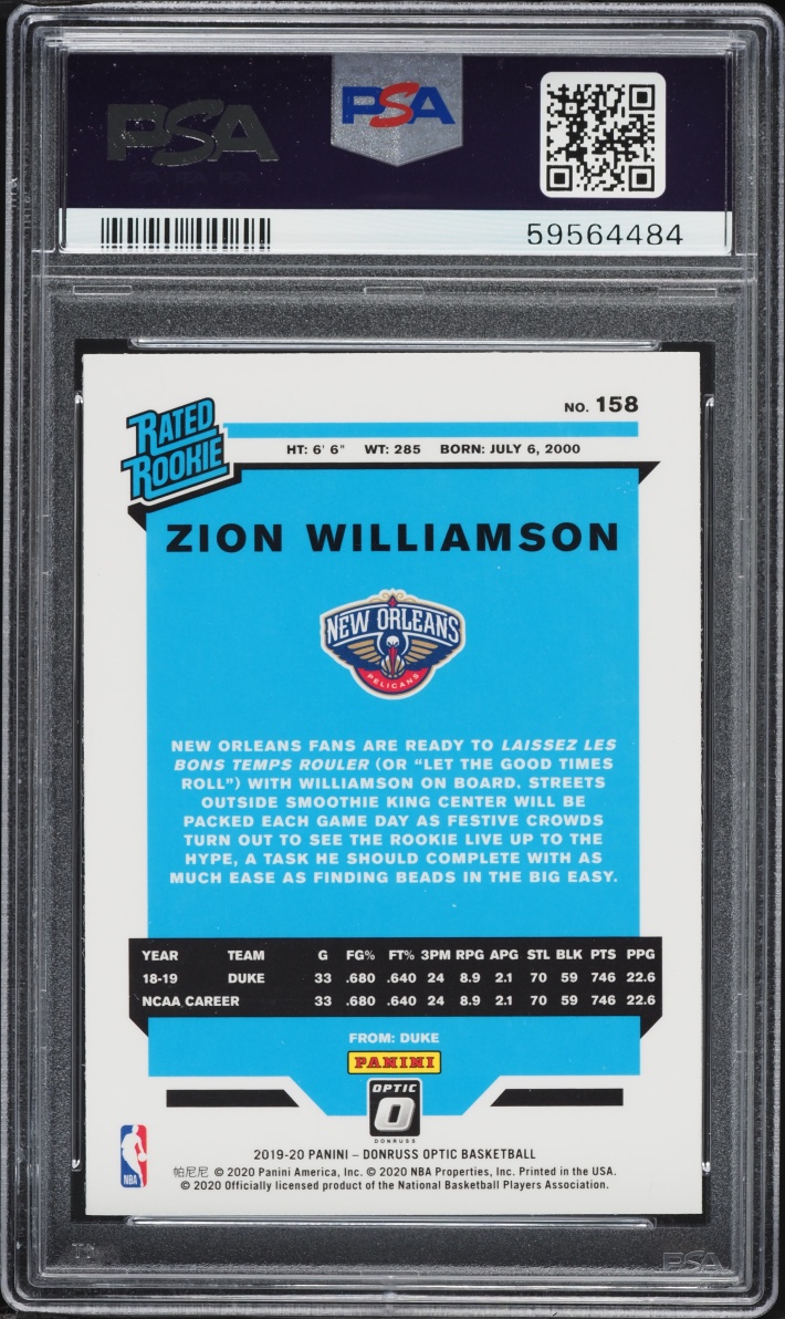 2019 Donruss Optic Zion Williamson ROOKIE #158 PSA 10 GEM MINT