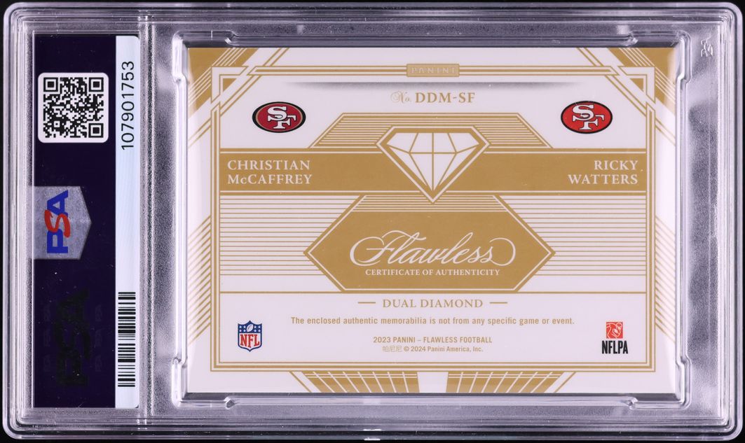 2023 Panini Flawless Diamond Platinum Christian McCaffrey Ricky Watters SHIELD PATCH 1/1 PSA 8