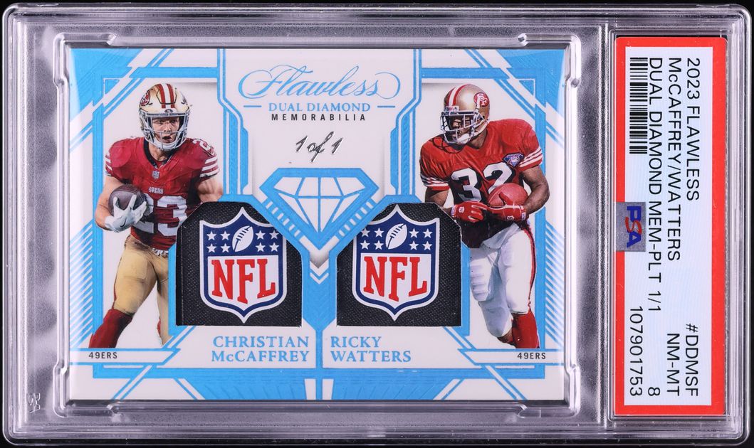 2023 Panini Flawless Diamond Platinum Christian McCaffrey Ricky Watters SHIELD PATCH 1/1 PSA 8