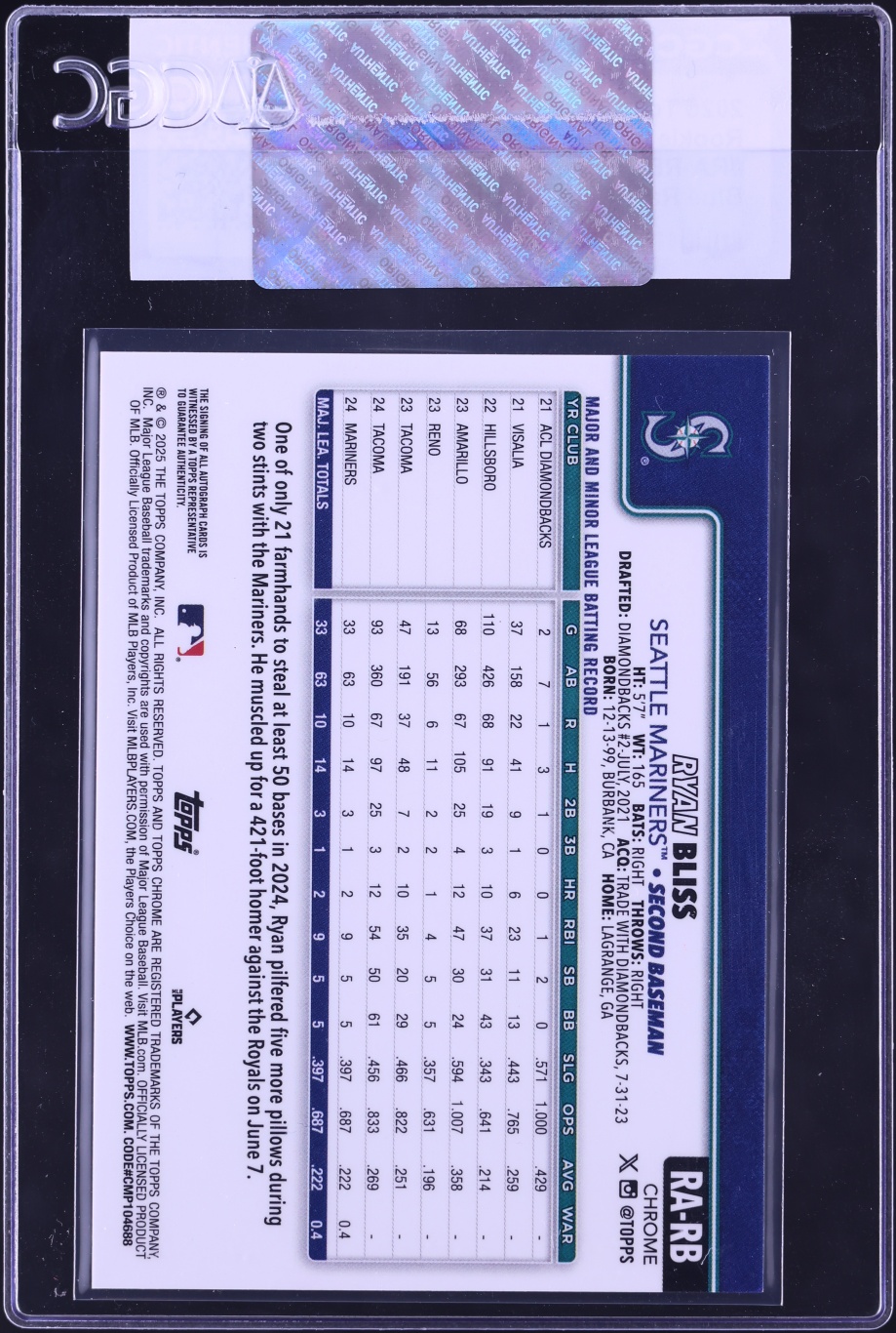 2025 Topps Chrome Blue Raywave Refractor Ryan Bliss ROOKIE AUTO /150 #RA-RB CGC AUTH