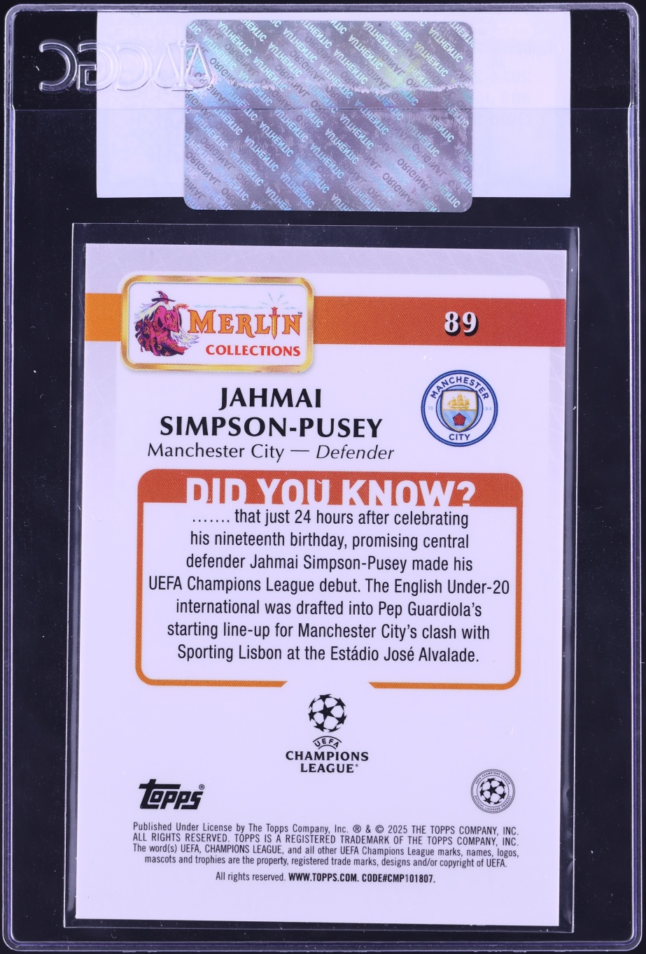 2024 Topps Merlin UEFA CC Gold Speckle Refractor Jahmai Simpson-Pusey ROOKIE /50 #89 CGC AUTH