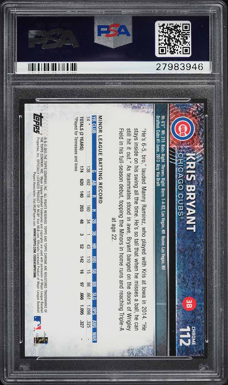 2015 Topps Chrome Pink Refractor Kris Bryant ROOKIE RC #112 PSA 10