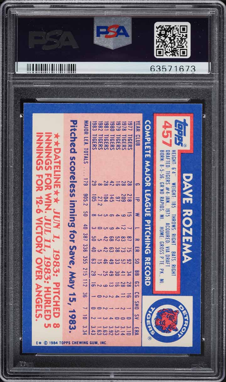 1984 Topps Tiffany Dave Rozema #457 PSA 10 GEM MINT