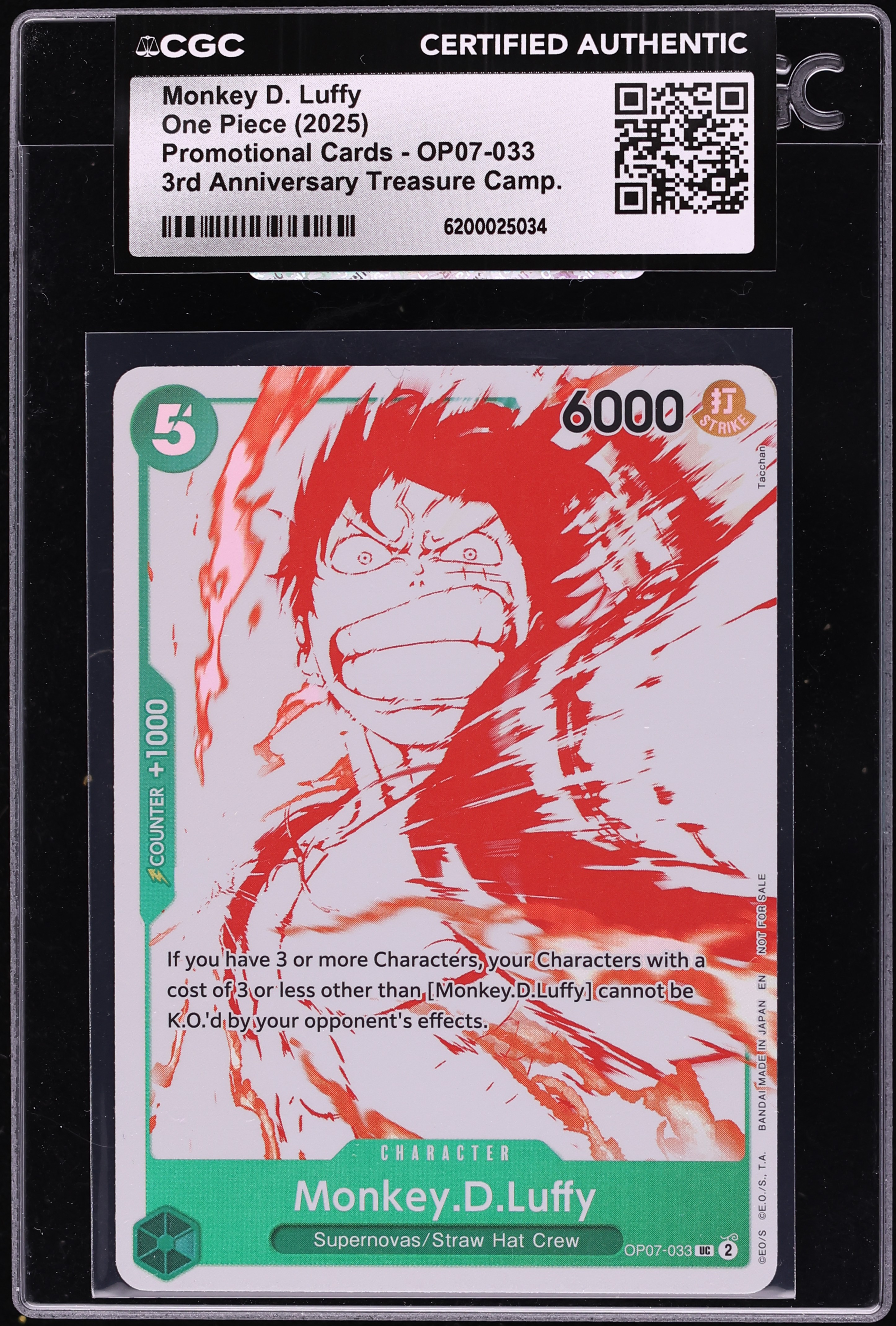 2025 One Piece Promo 3rd Anniversary Treasure Monkey D. Luffy #OP07-033 CGC AUTH
