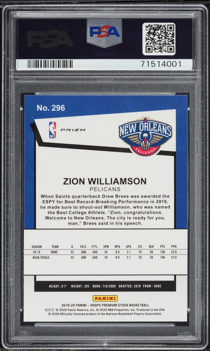 2019 Hoops Tribute Premium Stock Purple Disco Zion Williamson ROOKIE #296 PSA 9