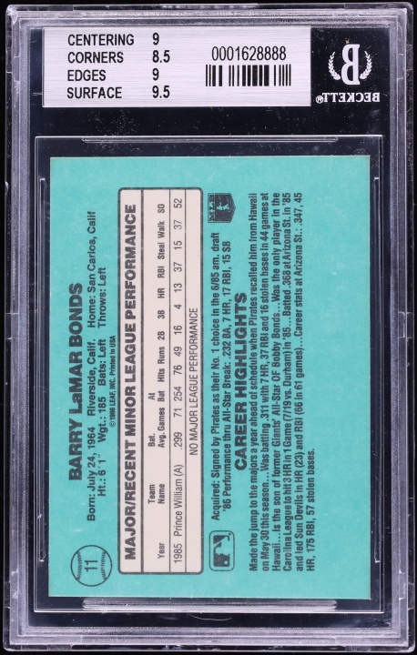 1986 Donruss The Rookies Barry Bonds ROOKIE #11 BGS 9 MINT