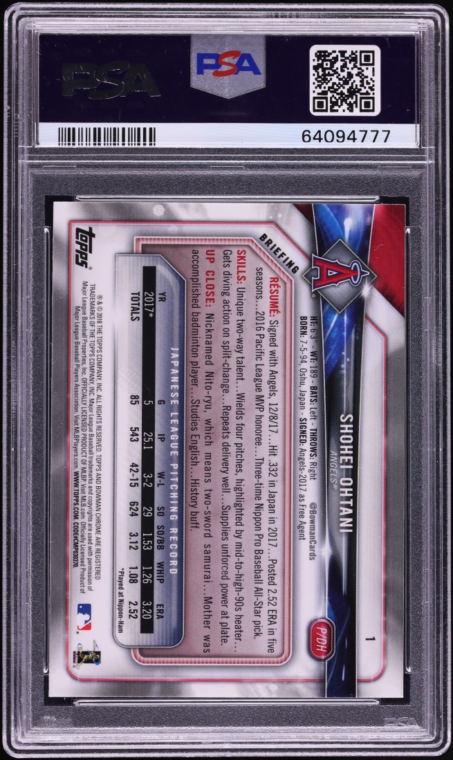 2018 Bowman Chrome Shohei Ohtani ROOKIE #1 PSA 10 GEM MINT - Photo 2