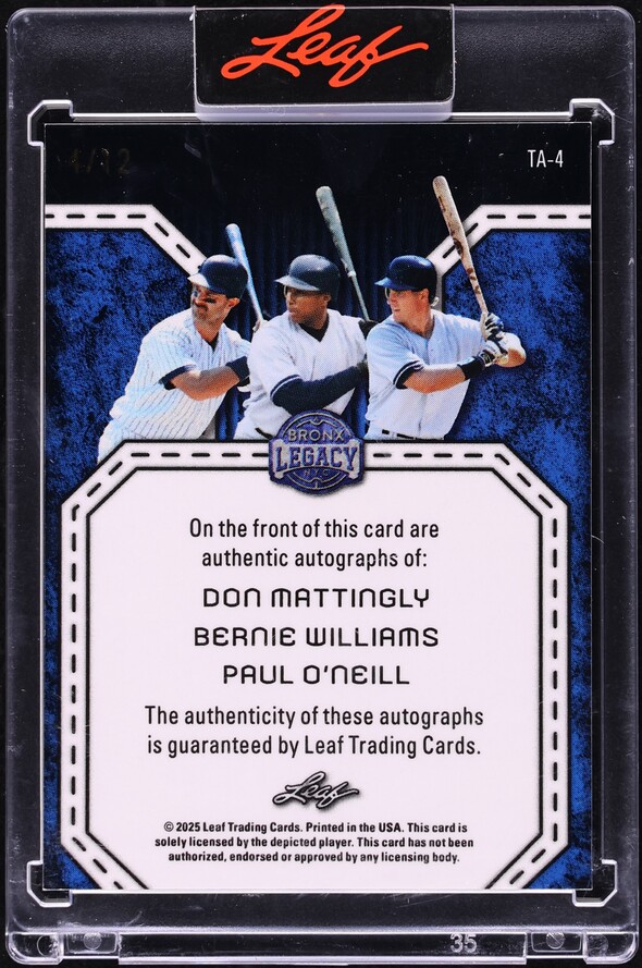 2025 Leaf A Bronx Legacy Triple Don Mattingly Bernie Williams Paul O'Neill AUTO /12 #TA-4