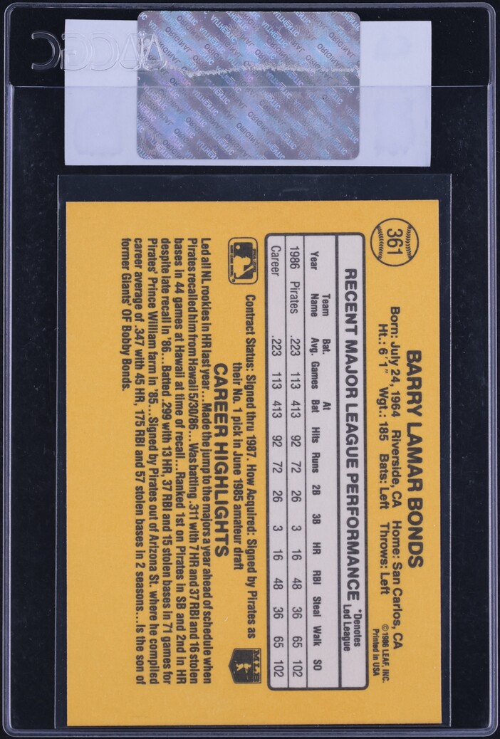 1987 Donruss Barry Bonds ROOKIE #361 CGC AUTH