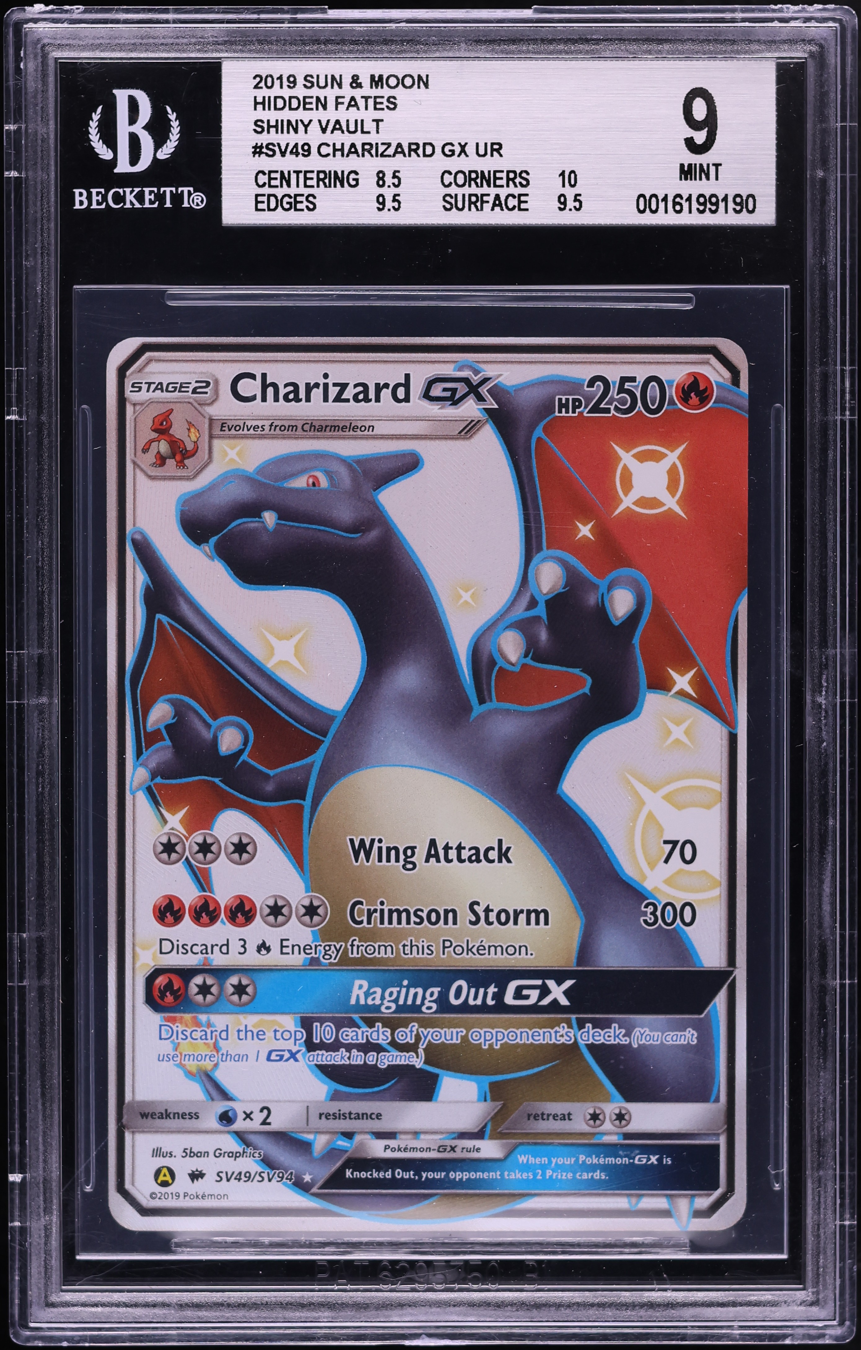 2019 Pokemon Sun & Moon Hidden Fates Full Art Shiny Charizard GX #SV49 BGS 9 MINT