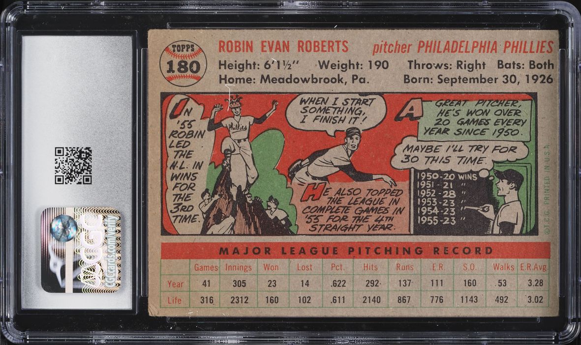 1956 Topps Robin Roberts GRAY BACK #180 CGC 3 VG