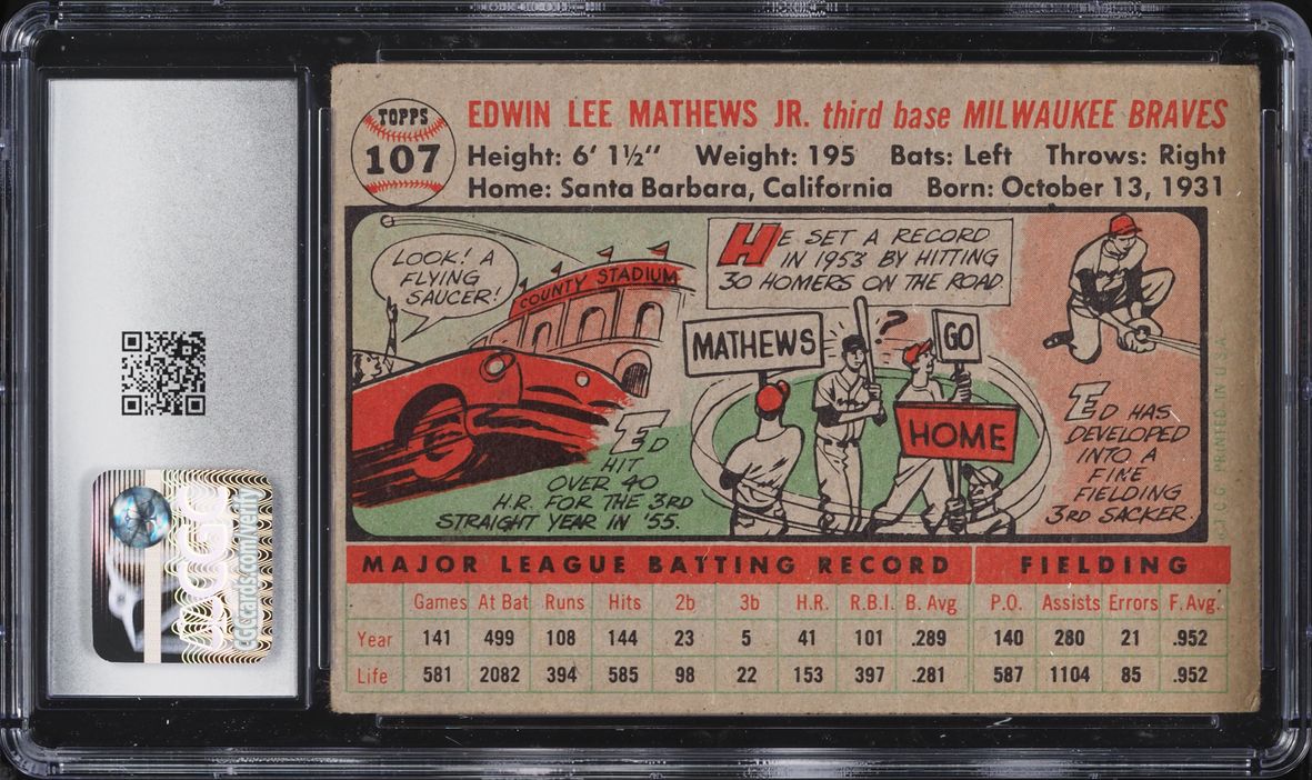 1956 Topps Eddie Mathews GRAY BACK #107 CGC 3.5 VG+