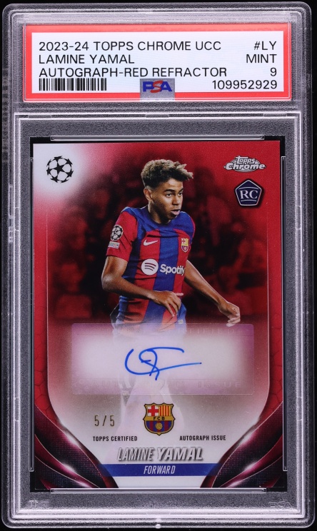 2023 Topps Chrome UEFA Red Refractor Lamine Yamal ROOKIE AUTO 5/5 #CA-LY PSA 9 MINT