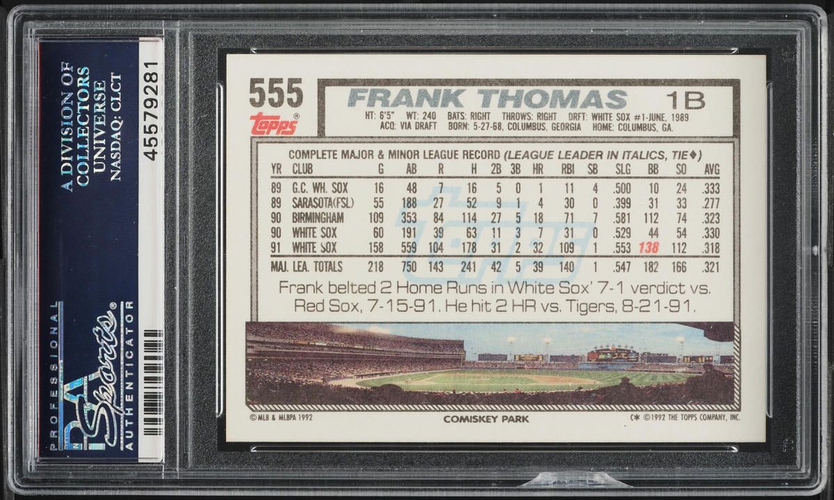 1992 Topps Frank Thomas #555 PSA 10 GEM MINT