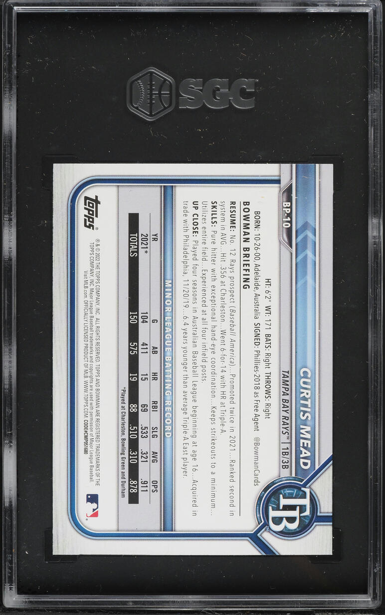 2022 Bowman Curtis Mead PROSPECT #BP-10 SGC 10 GEM MINT