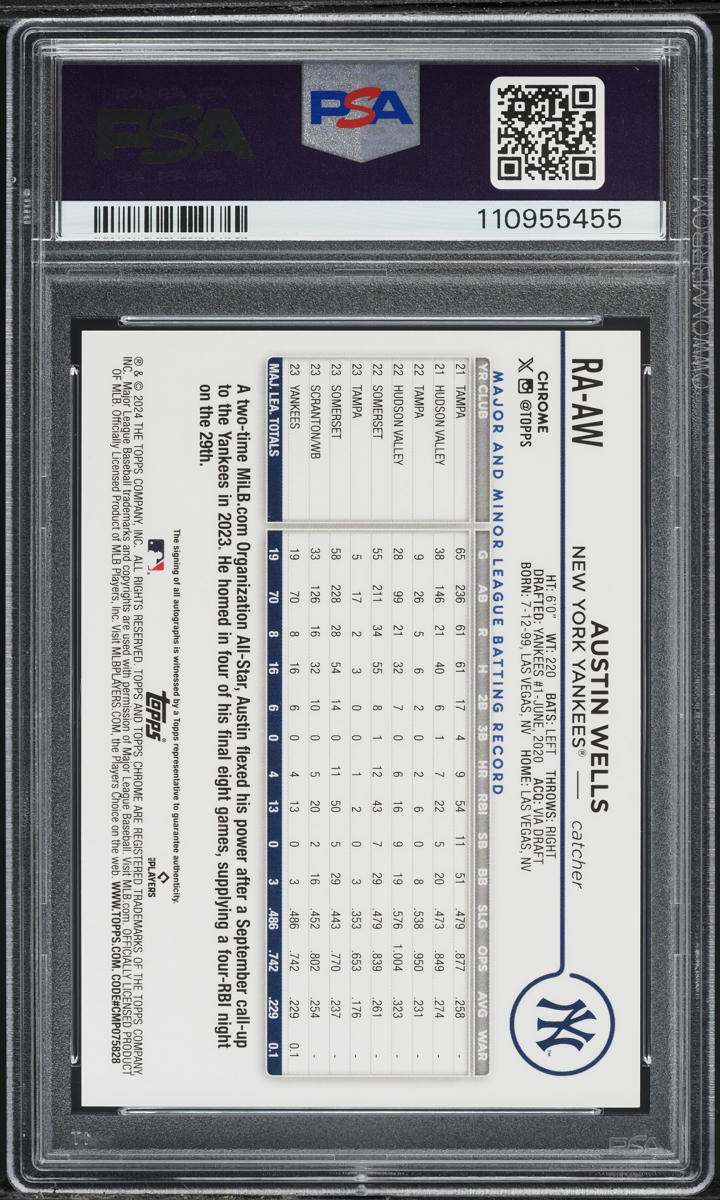 2024 Topps Chrome Austin Wells ROOKIE AUTO #RA-AW PSA 9 MINT