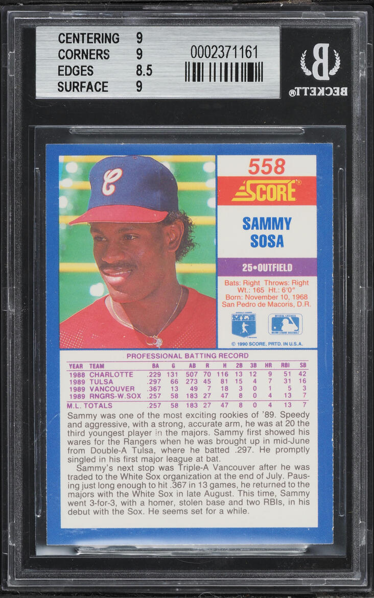 1990 Score Sammy Sosa ROOKIE #558 BGS 9 MINT