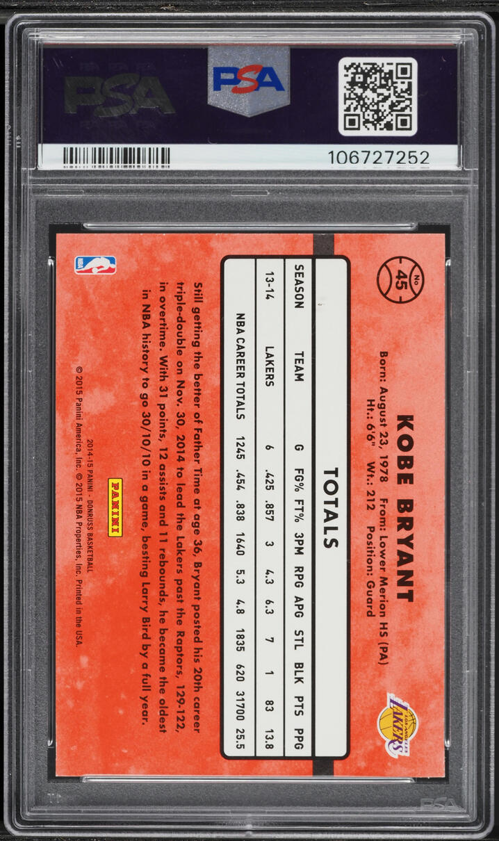 2014 Donruss Basketball Kobe Bryant #45 PSA 8 NM-MT