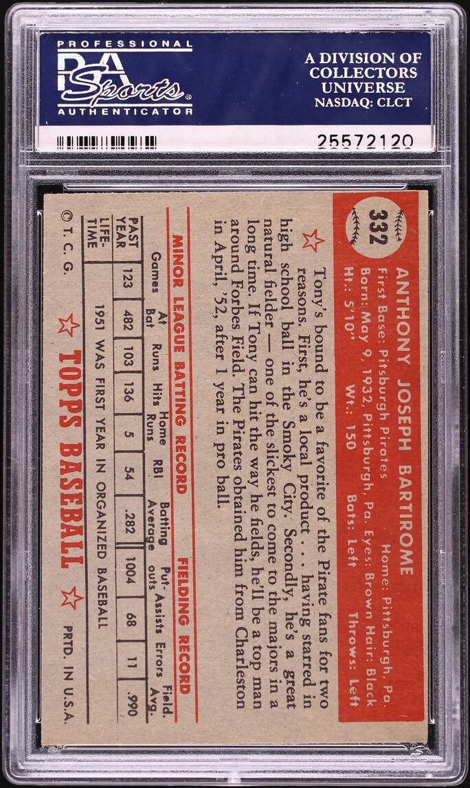 1952 Topps Tony Bartirome ROOKIE #332 PSA 6 EXMT