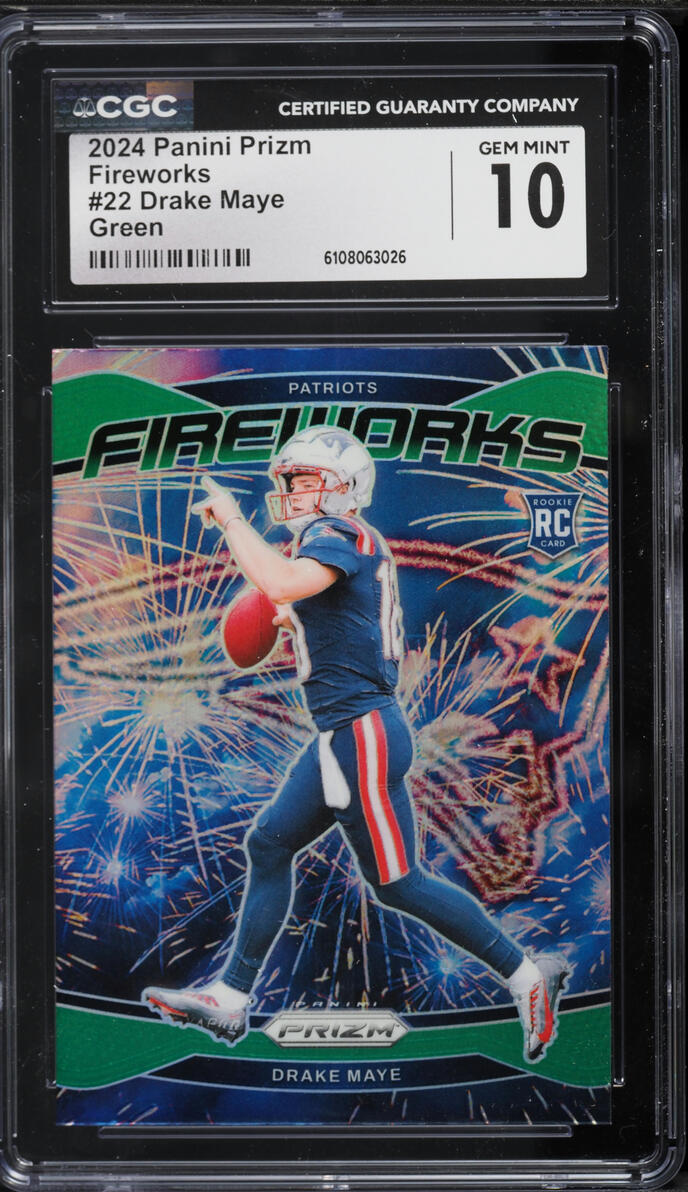 2024 Panini Prizm Fireworks Green Drake Maye ROOKIE #22 CGC 10 GEM MINT
