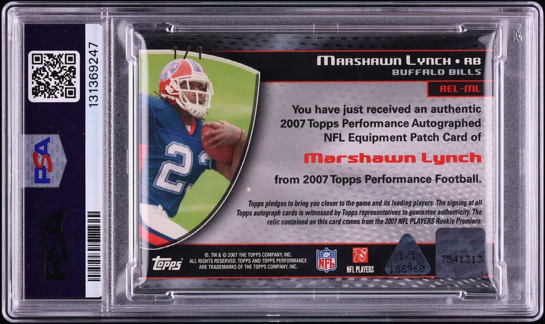 2007 Topps Performance Marshawn Lynch ROOKIE NFL SHIELD PATCH AUTO 1/1 #AEL-ML PSA AUTH